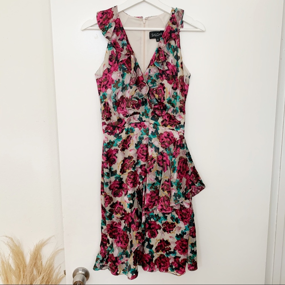 Saloni Rita Ruffled Floral Fil Coupé Chiffon Dress - Picture 5 of 8